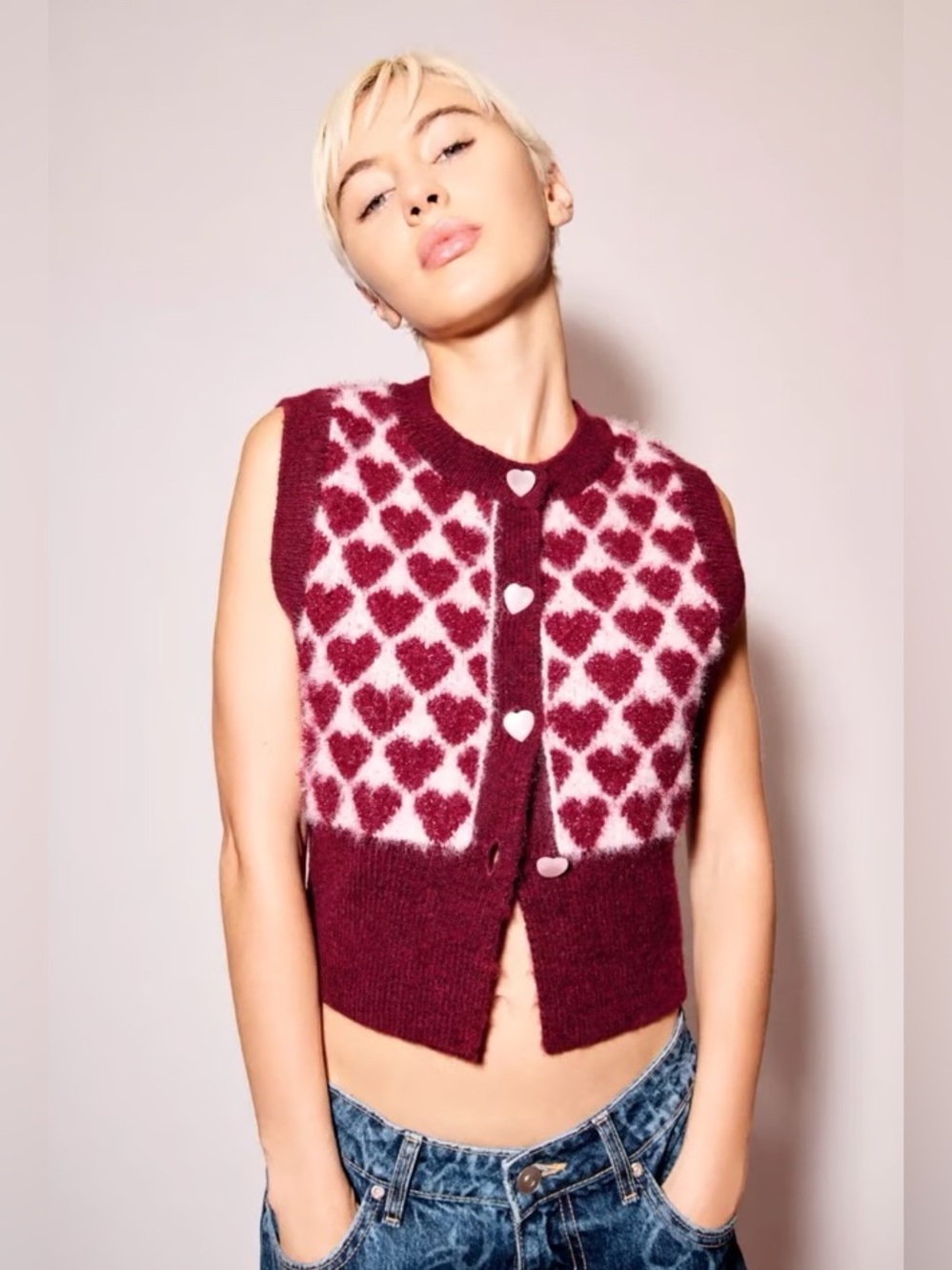 Zara HEART JACQUARD KNIT VEST